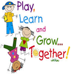 play learn and grow together text with 3 animated kids playing